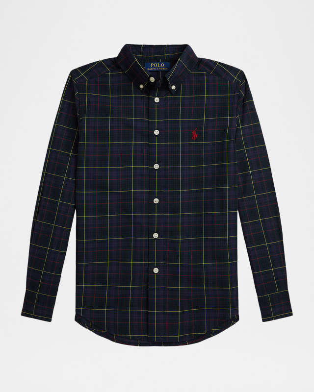 Boy's Plaid Cotton Poplin Button-Front Shirt, Size S